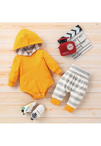 2pcs Solid Long-sleeve Hooded Romper and Stripe Trouser Baby Set