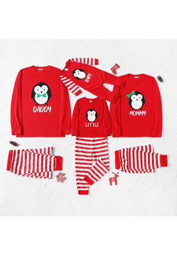 Christmas Cartoon Penguin and Letter Print Red Family Matching Long-sleeve Striped Pajamas Sets (Flame Resistant)