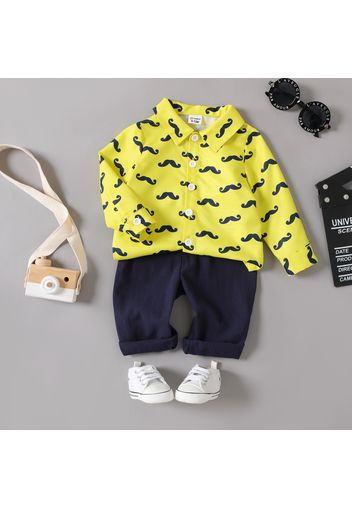 2pcs Baby Boy 100% Cotton Pants and Allover Mustache Print Long-sleeve Shirt Set