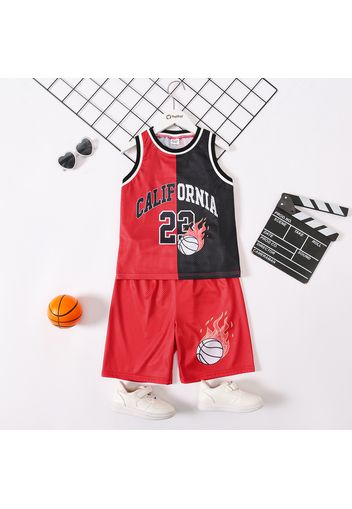 2-piece Kid Boy Letter Basketball Print Colorblock Tank Top and Red Shorts Sporty Set