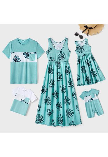 Family Matching 95% Cotton Short-sleeve Spliced T-shirts and Allover Palm Leaf Print Tank Dresses Sets