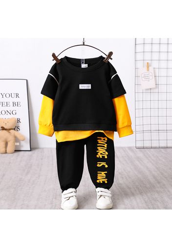 2pcs Toddler Boy Trendy Faux-two Colorblock Sweatshirt and Letter Print Pants Set