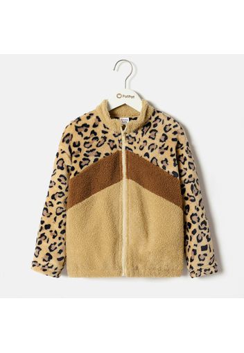 Kid Girl Stand Collar Zipper Leopard Print Colorblock Fuzzy Coat