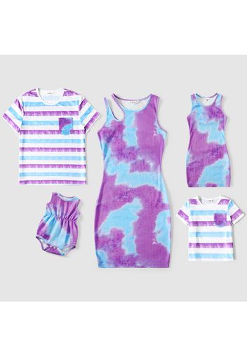 Family Matching Tie Dye Bodycon Cut Out Tank Dresses and Striped Short-sleeve T-shirts Sets