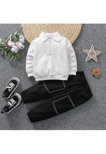 2pcs Toddler Boy Lapel Collar Zipper Design Textured Sweatshirt and Black Pants Set