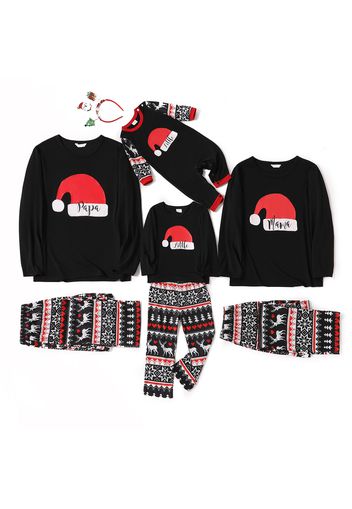 Christmas Hat and Letter Print Black Family Matching Long-sleeve Pajamas Sets (Flame Resistant)