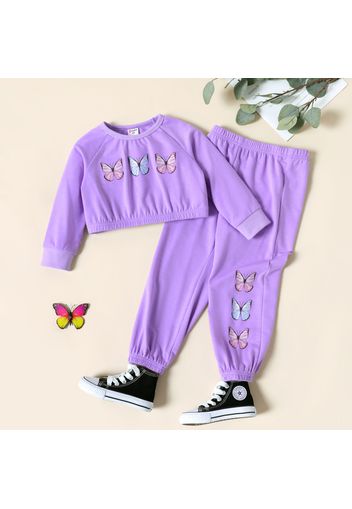 2pcs Toddler Girl Butterfly Print Crop Sweatshirt and Elasticized Pants Set