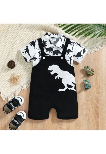 2pcs Toddler Boy Playful Dinosaur Print Lapel Collar Shirt and Overalls Set