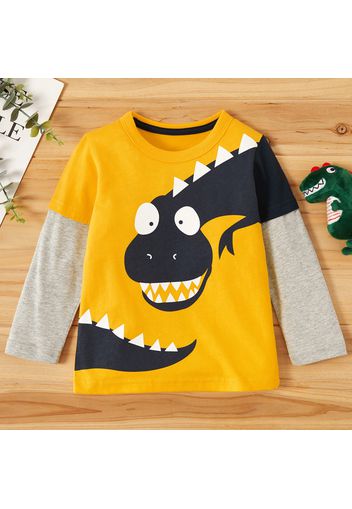 Kid Boy 100% Cotton Animal Dinosaur Print Colorblock Breathable Long-sleeve Tee