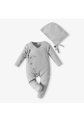 2pcs Baby Cotton Ribbed Solid Long-sleeve Footed Jumpsuit Set