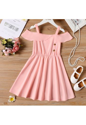 Kid Girl Button Design Flounce Cold Shoulder Solid Color Cami Dress