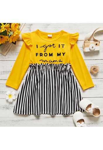 Toddler Girl Letter Print Ruffled Stripe Stitching Long-sleeve Dress