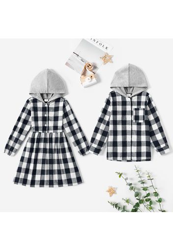 Sibling Matching Black and White Plaid Long-sleeve Splicing Hooded Sets