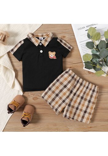 2pcs Baby Boy 100% Cotton Plaid Shorts and Short-sleeve Contrast Collar Polo Shirt Set