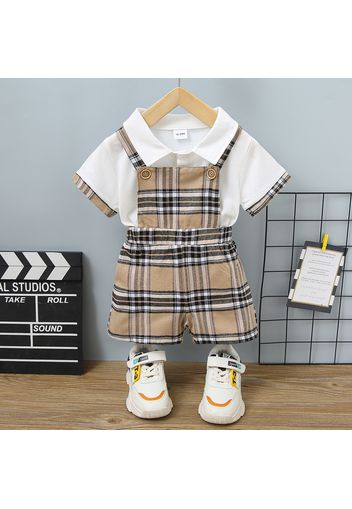 2pcs Toddler Boy Classic Plaid Polo Shirt and Overalls Shorts Set