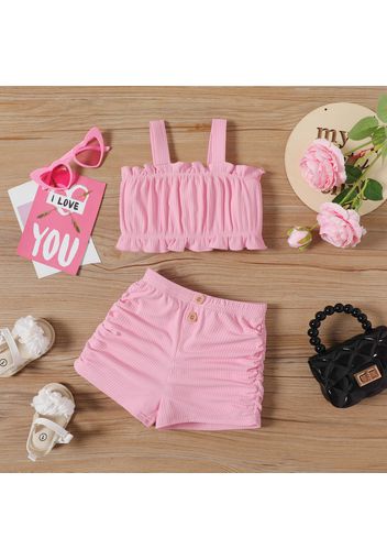 2pcs Baby Girl Pink Rib Knit Frill Trim Ruched Camisole and Shorts Set