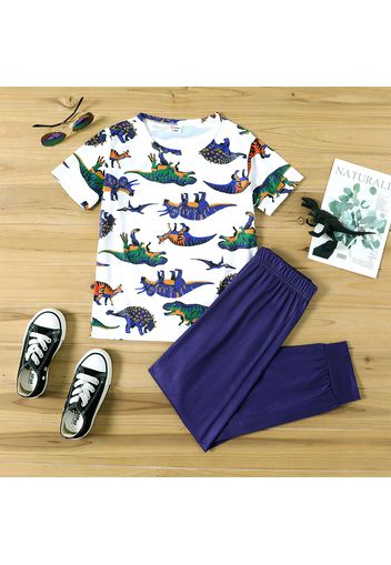 2-piece Kid Boy Animal Dinosaur Print Short-sleeve Tee and Elasticized Navy Pants Set