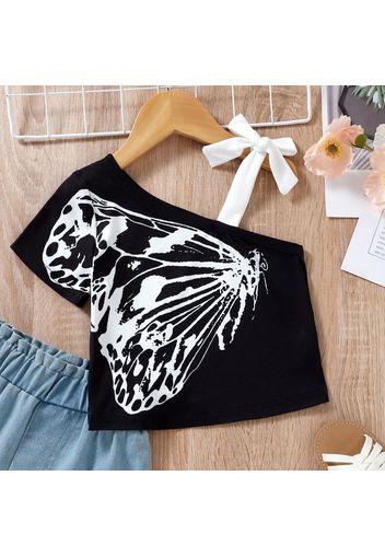 Kid Girl Butterfly Print One Shoulder Bowknot Design Tee