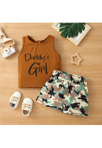 2-piece Toddler Girl Letter Print Backless Crisscross Tank Top and Leopard Print Paperbag Shorts Set