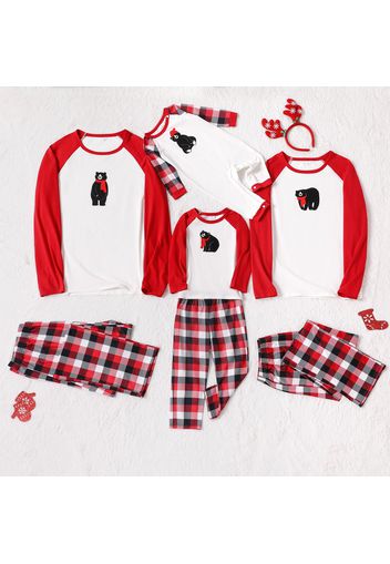 Christmas Bear Print Family Matching Red Raglan Long-sleeve Plaid Pajamas Sets (Flame Resistant)