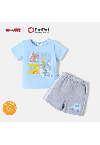 Tom and Jerry 2pcs Toddler Boy Short-sleeve Blue Cotton Tee and Striped Car Print Shorts Set