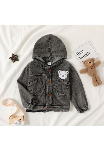 Baby Boy/Girl Cartoon Bear Design Dark Grey Long-sleeve Hooded Denim Jacket