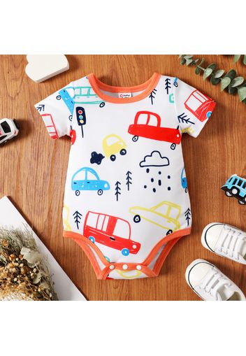 Baby Boy Cartoon Vehicle Print Grey/White/Colorful Striped Short-sleeve Romper