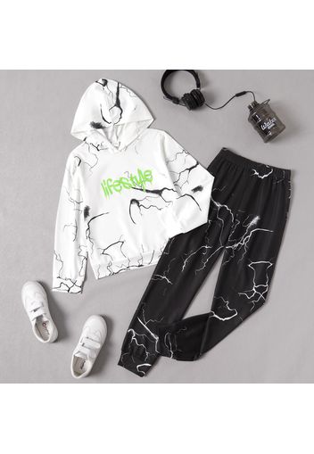 2-piece Kid Boy Letter Irregular Line Print Hoodie and Elasticized Pants Set