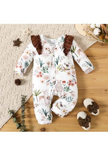 Baby Girl Solid/Print Long-sleeve Snap-up Ruffled Jumpsuit