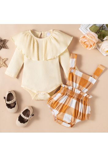 2pcs Baby Girl Apricot Ribbed Long-sleeve Romper and Plaid Overalls Shorts Set