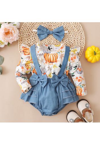 Baby 2pcs Thanksgiving Pumpkin Print Splicing Denim Ruffle Bowknot Long-sleeve Romper Set