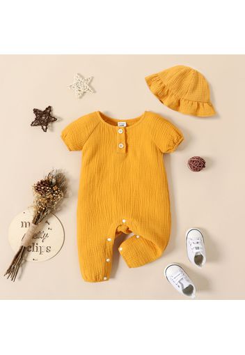 100% Cotton Crepe Baby Girl Solid Puff-sleeve Button Up Jumpsuit with Hat Set