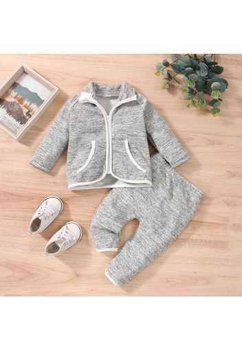 2pcs Baby Heathered Knitted Long-sleeve Cotton Zip Jacket and Trousers Set