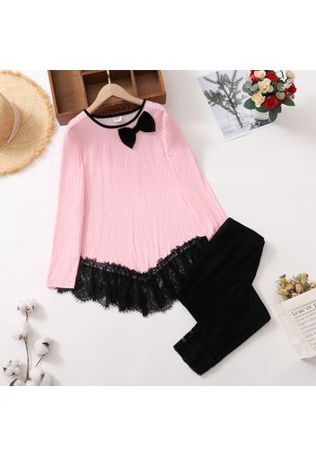 2-piece Kid Girl Bowknot Design Lace Hem Long-sleeve Top and Lace Cuff Black Leggings Set