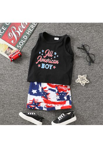 Independence Day 2pcs Baby Boy Letter Print Tank Top and American Flag Design Shorts Set