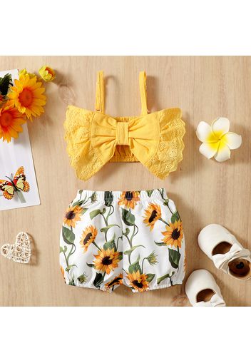 2pcs Baby Girl 100% Cotton Bow Front Camisole and Allover Sunflower Floral Print Shorts Set