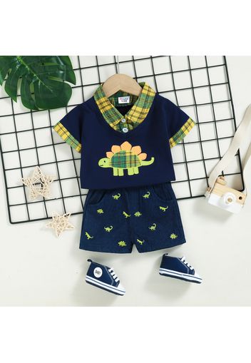 2pcs Baby Boy 100% Cotton Dinosaur Embroidered Denim Shorts and Plaid Faux-two Short-sleeve Top Set