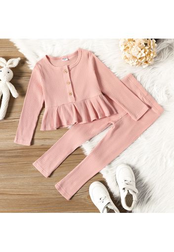 2-piece Toddler Girl Button Design Ruffle Hem Long-sleeve Top and Brown Leggings Set