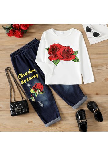 2-piece Kid Girl Floral Print Long-sleeve White Tee and Letter Print Ripped Denim Jeans Set