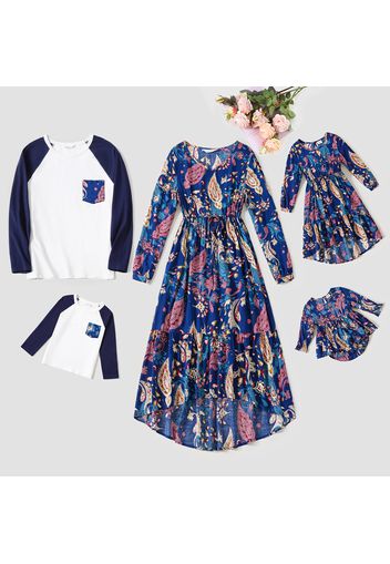 Family Matching All Over Floral Print Dark Blue Long-sleeve Dresses and Raglan-sleeve T-shirts Sets