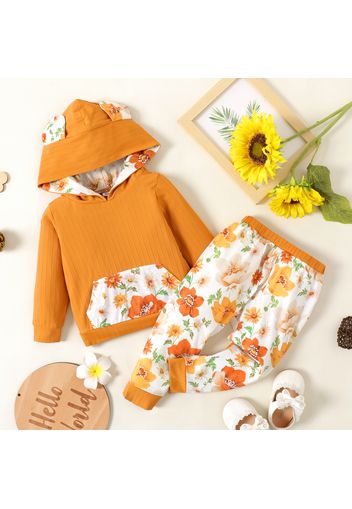 2pcs Baby Girl Floral Print Orange Long-sleeve Hoodie and Trousers Set