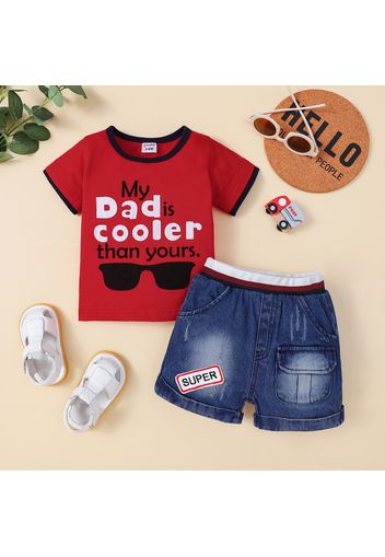 2pcs Baby Boy 100% Cotton Denim Shorts and Sunglasses & Letter Print Short-sleeve T-shirt Set