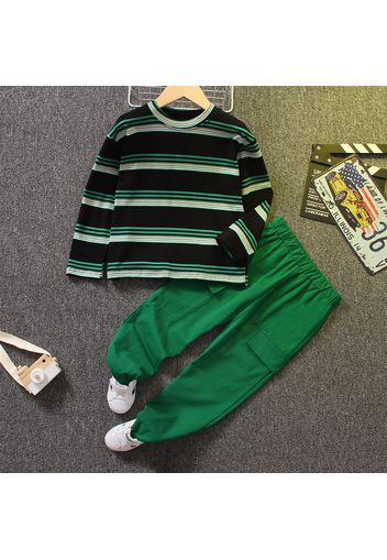 2pcs Kid Boy 100% Cotton Stripe Colorblock Long-sleeve Tee and Cargo Pants Set