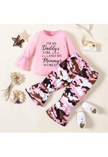 2pcs Baby Girl Letter Print Pink Long-sleeve T-shirt and Camouflage Bell Bottom Pants Set