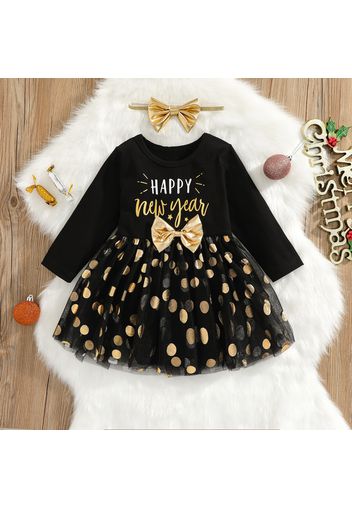 New Year 2pcs Baby Girl Letter Print Black Long-sleeve Splicing Polka Dots Mesh Romper Dress Set