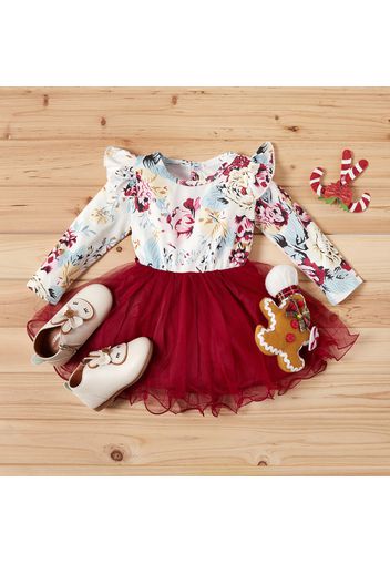 Baby / Toddler Girl Floral Flare Shoulder Splice Tulle Long-sleeve Dress