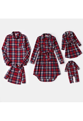 Christmas Red Plaid Family Matching Long-sleeve Belted Dresses and Shirts Sets