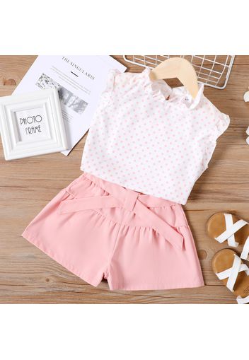 2-piece Kid Girl Polka dots Ruffle Collar Sleeveless Top and Belted Solid Color Shorts Set