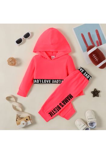 2pcs Baby Girl Letter Print Solid Crop Top Hoodie and Track Pants Set