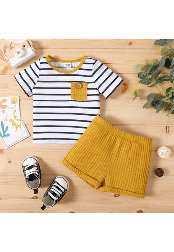 2pcs Baby Boy Short-sleeve Striped Tee and Solid Knitted Shorts Set